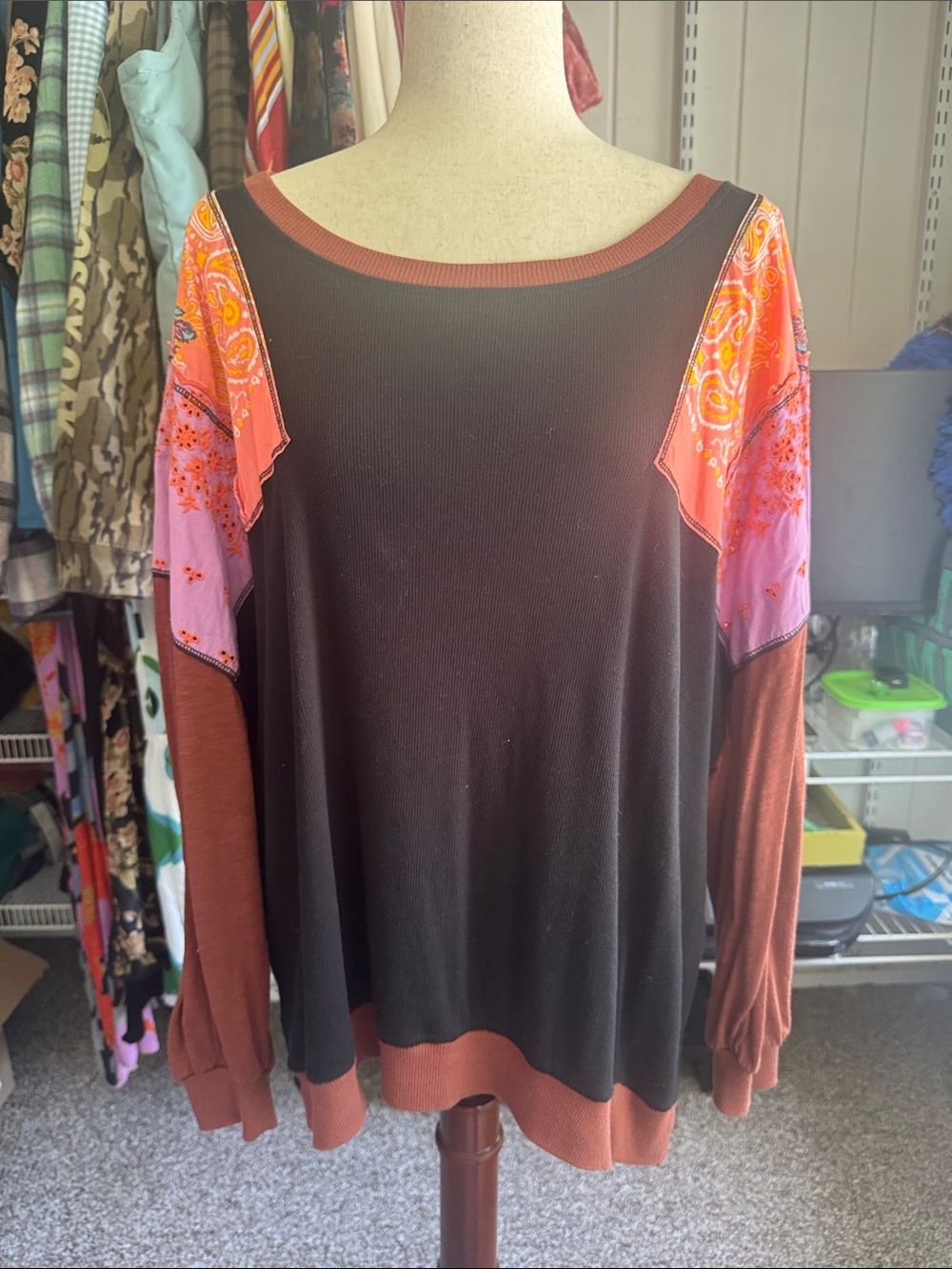 We The Free Black Sweatshirt with Brown Hem and Pink-Orange Paisley Shoulders